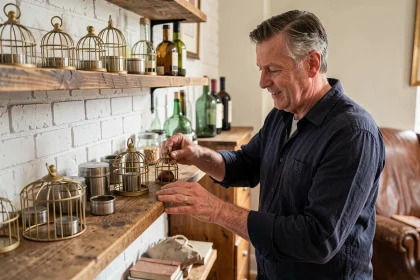 Collectionneur de capsules de champagne rangeant sa collection sur une étagère en bois rustique dans un bureau chaleureux