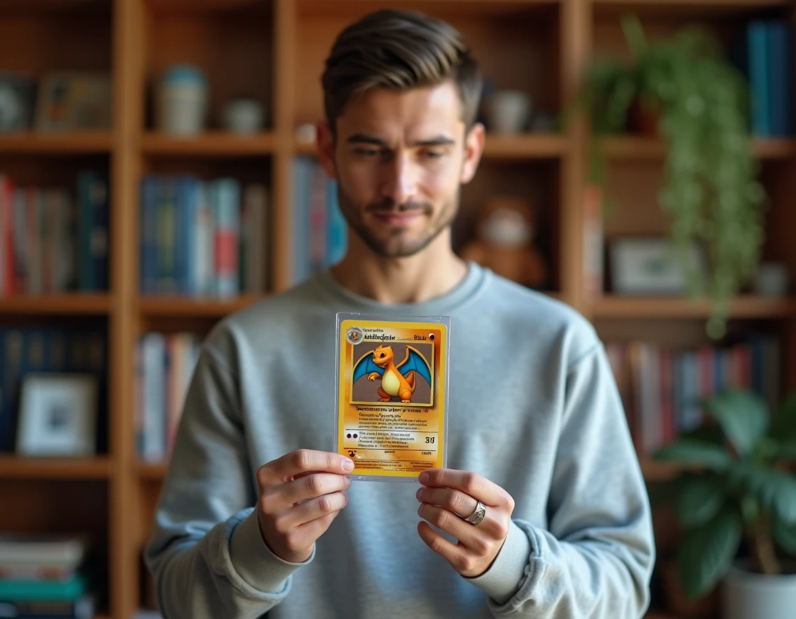 Jeune collectionneur examinant une carte Dracaufeu rare Pokémon en sleeve devant une étagère remplie de cartes gradées et de classeurs