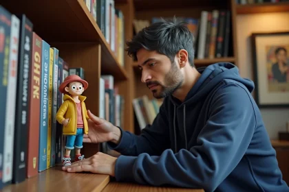 Collectionneur de mangas adulte tenant une figurine de Mr. 2 Bon Clay de One Piece dans une bibliothèque personnelle remplie de mangas et de posters