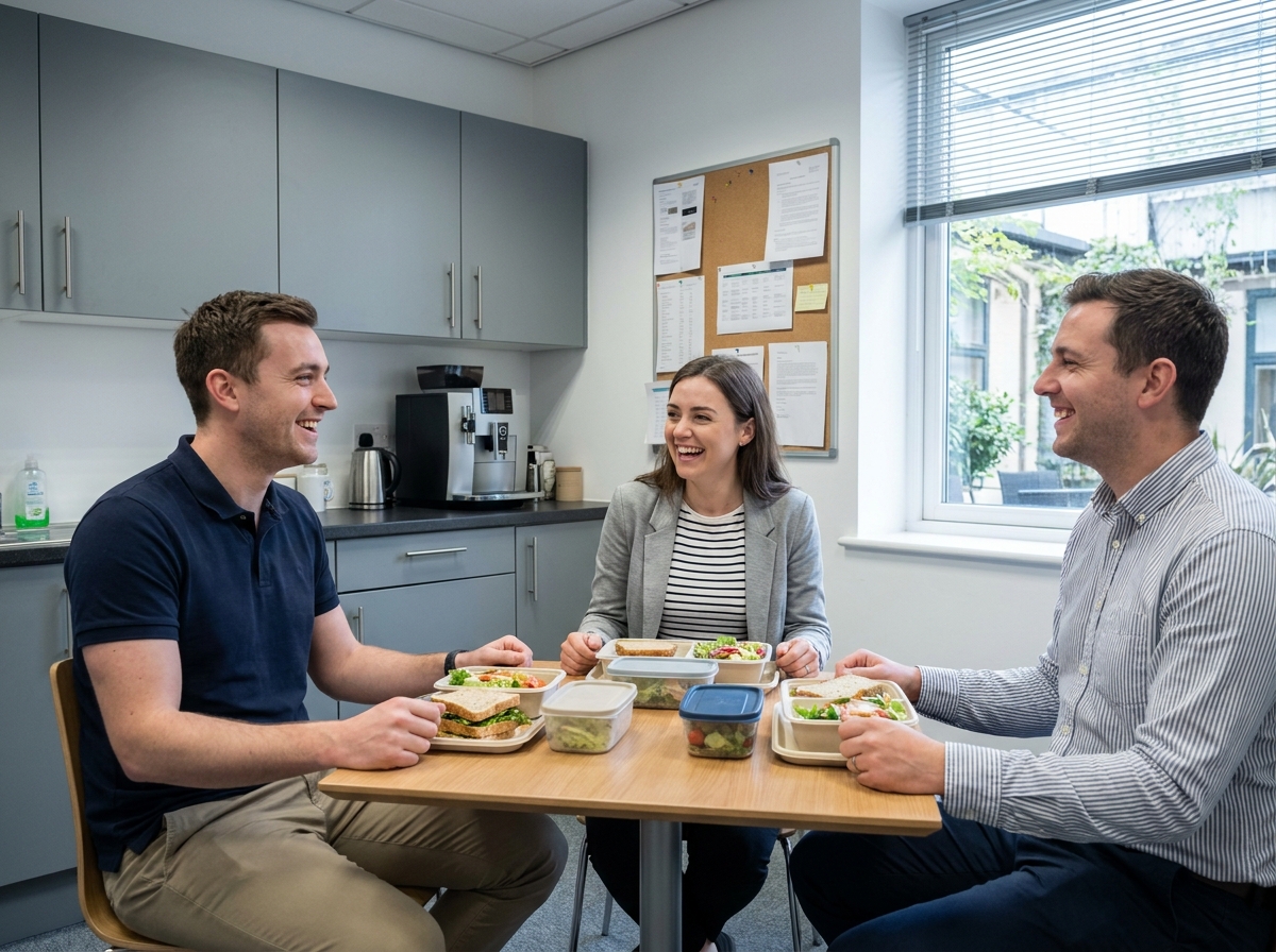 Collègues partageant une vraie pause déjeuner avec des plateaux-repas dans une salle de pause d'entreprise
