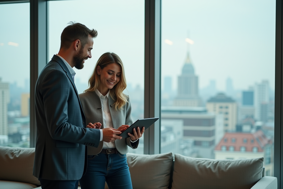 Deux collègues souriants devant une fenêtre urbaine