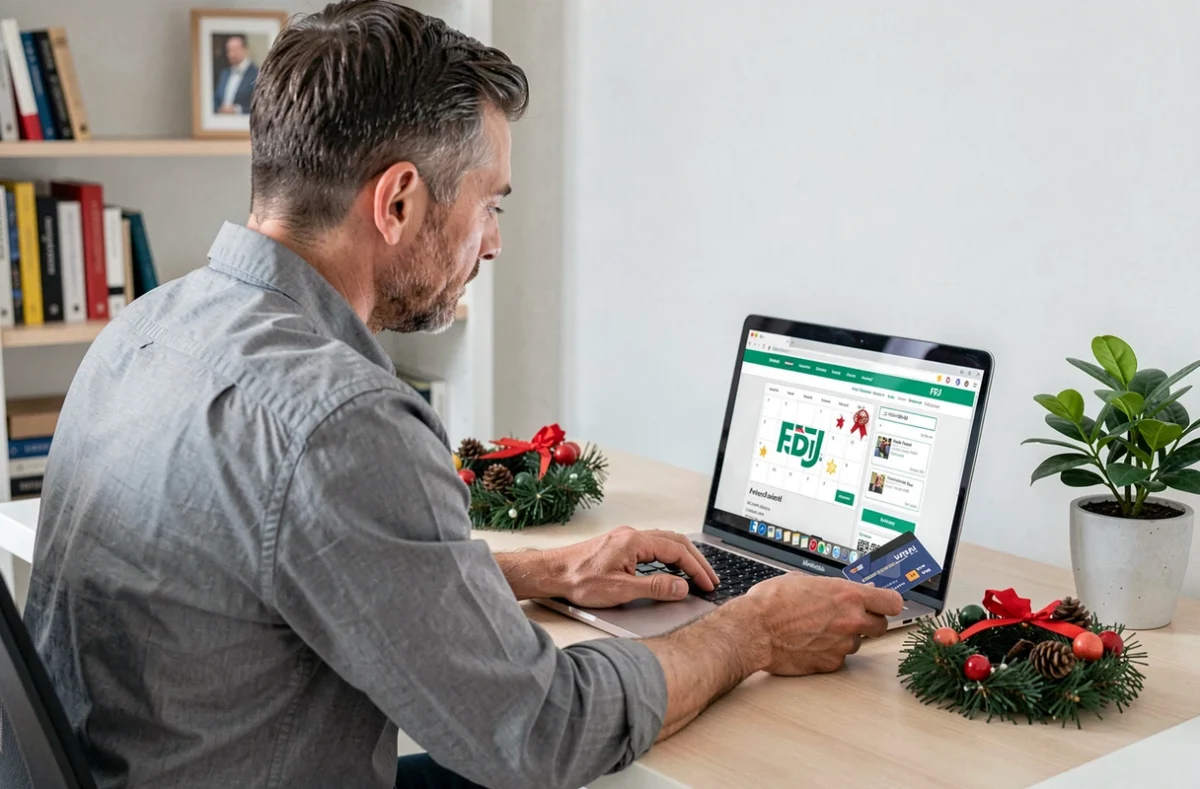 Homme commandant le calendrier de l'avent FDJ 2026 en ligne sur un ordinateur portable depuis son bureau à domicile