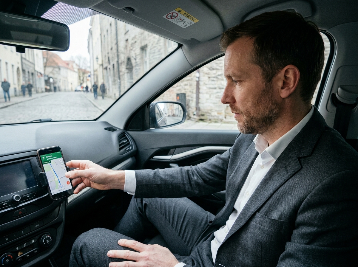 Commercial organisant son itinéraire sur smartphone dans une voiture de location en ville européenne