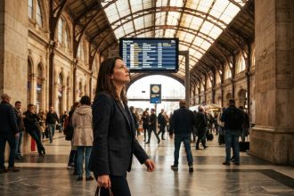 Commerciale en déplacement traversant une grande gare européenne avec sa mallette professionnelle