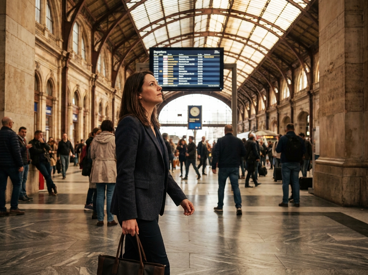 Commerciale en déplacement traversant une grande gare européenne avec sa mallette professionnelle