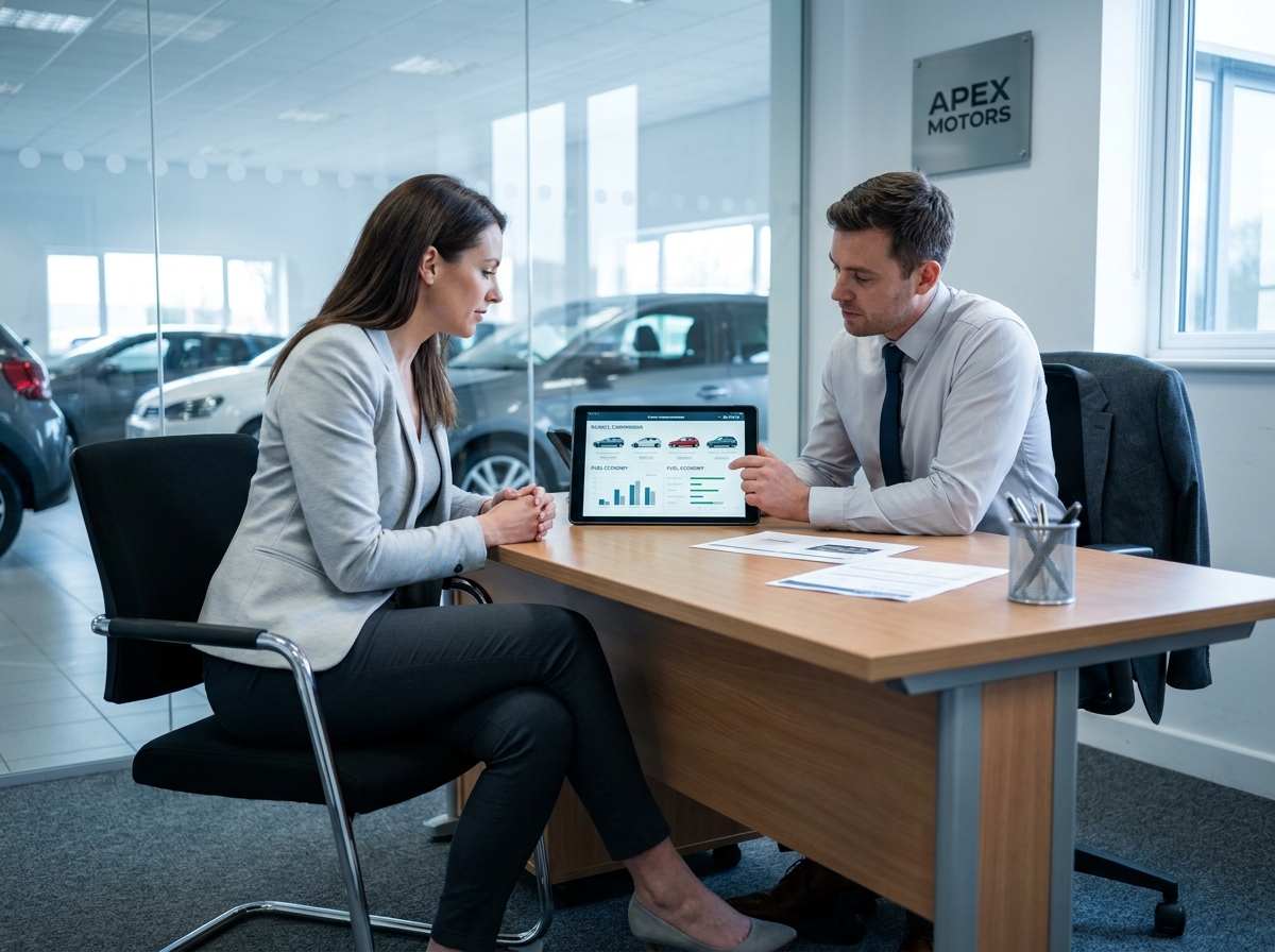 Une cliente discutant d'un comparatif de véhicules avec un conseiller de vente dans le bureau d'une concession automobile