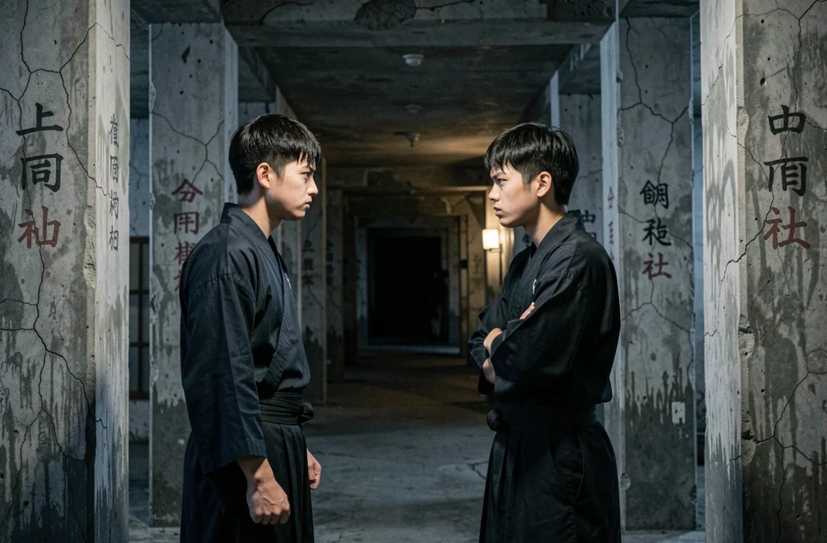 Deux jeunes hommes japonais en tenues sombres se faisant face dans un couloir souterrain délabré orné de symboles de clan, exprimant une confrontation émotionnelle entre frères marquée par la rupture et la douleur