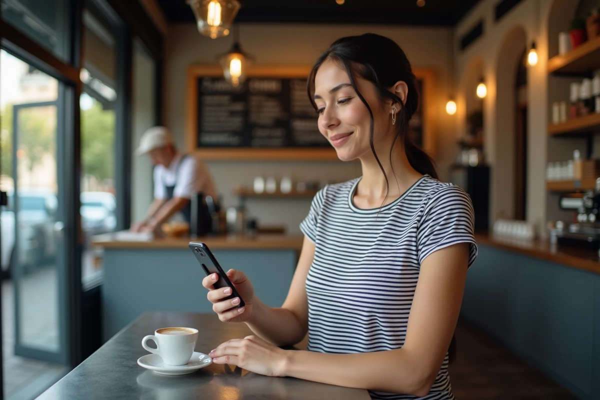 Jeune femme dans un café français perplexe devant l'heure PM affichée sur son smartphone, illustrant la confusion de l'abréviation en français