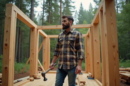 Jeune homme avec marteau construit une cabane en bois en forêt
