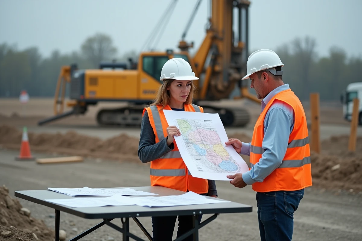 Professionnels de la construction consultant des rapports géotechniques sur un terrain avant le démarrage d'un projet immobilier
