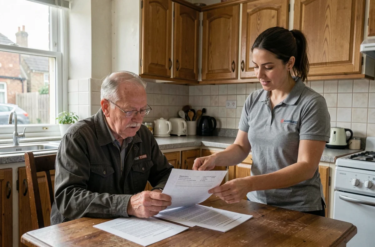 Une aide à domicile explique un contrat de service ménager à un senior dans sa cuisine à Nancy