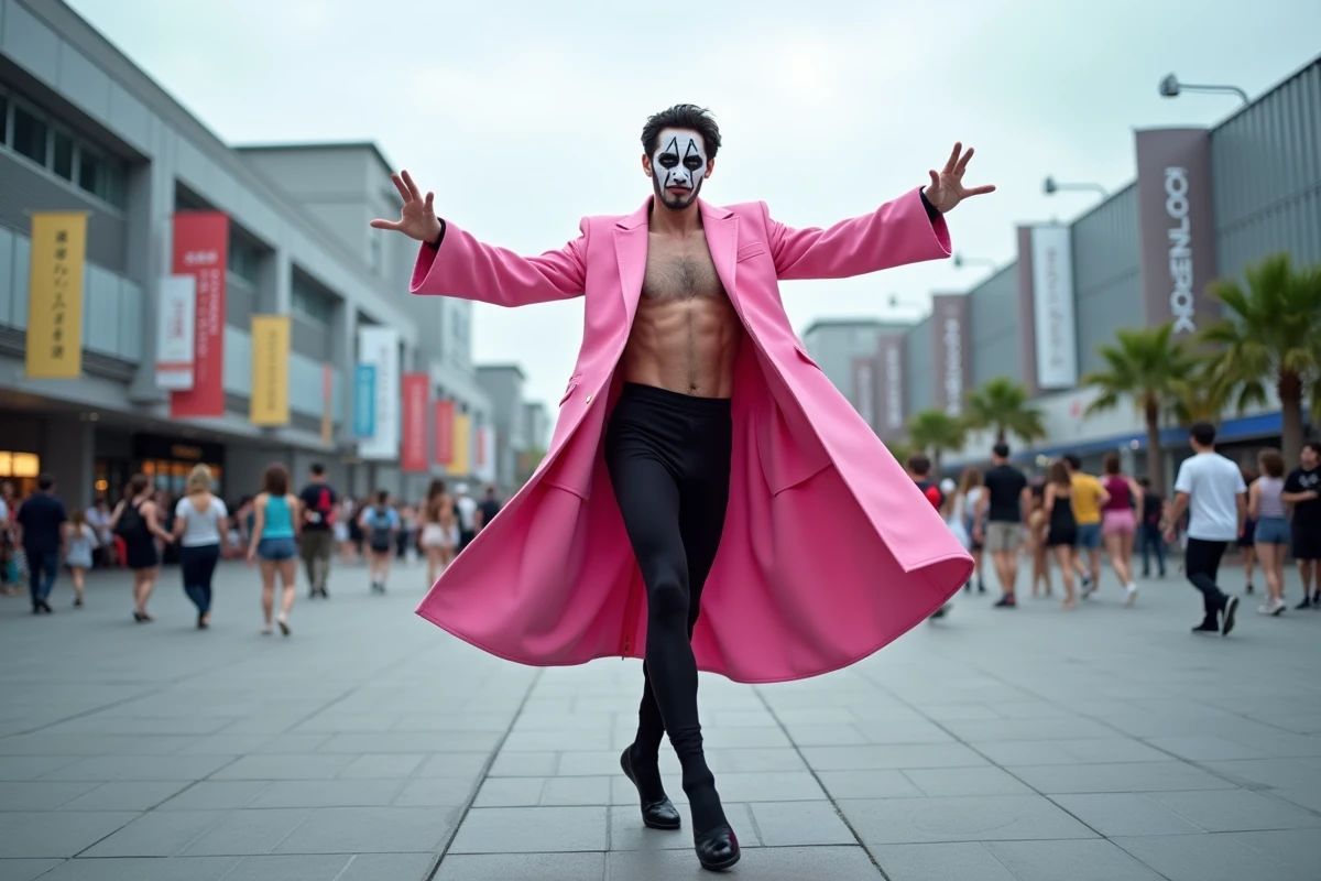 Cosplayeur adulte déguisé en Mr. 2 Bon Clay de One Piece en pose dramatique lors d'une convention de mangas en extérieur