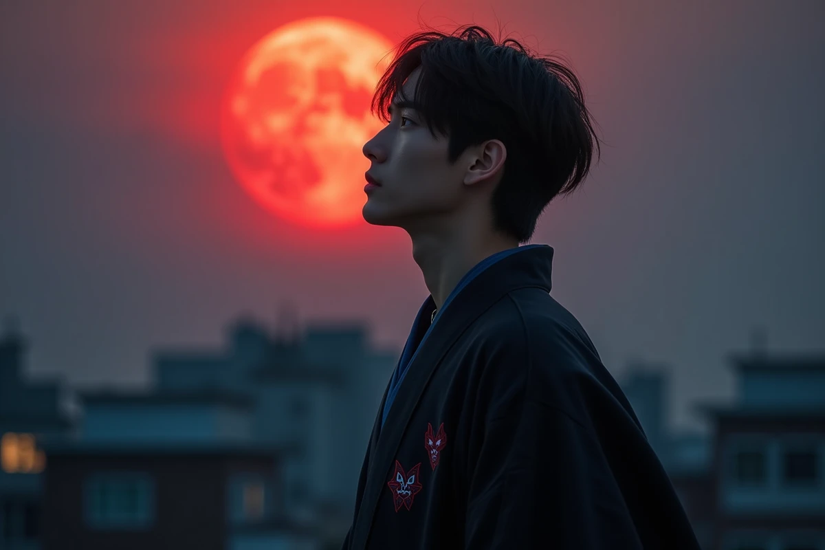 Cosplayer en tenue japonaise traditionnelle observant une lune rouge démoniaque depuis un toit urbain nocturne