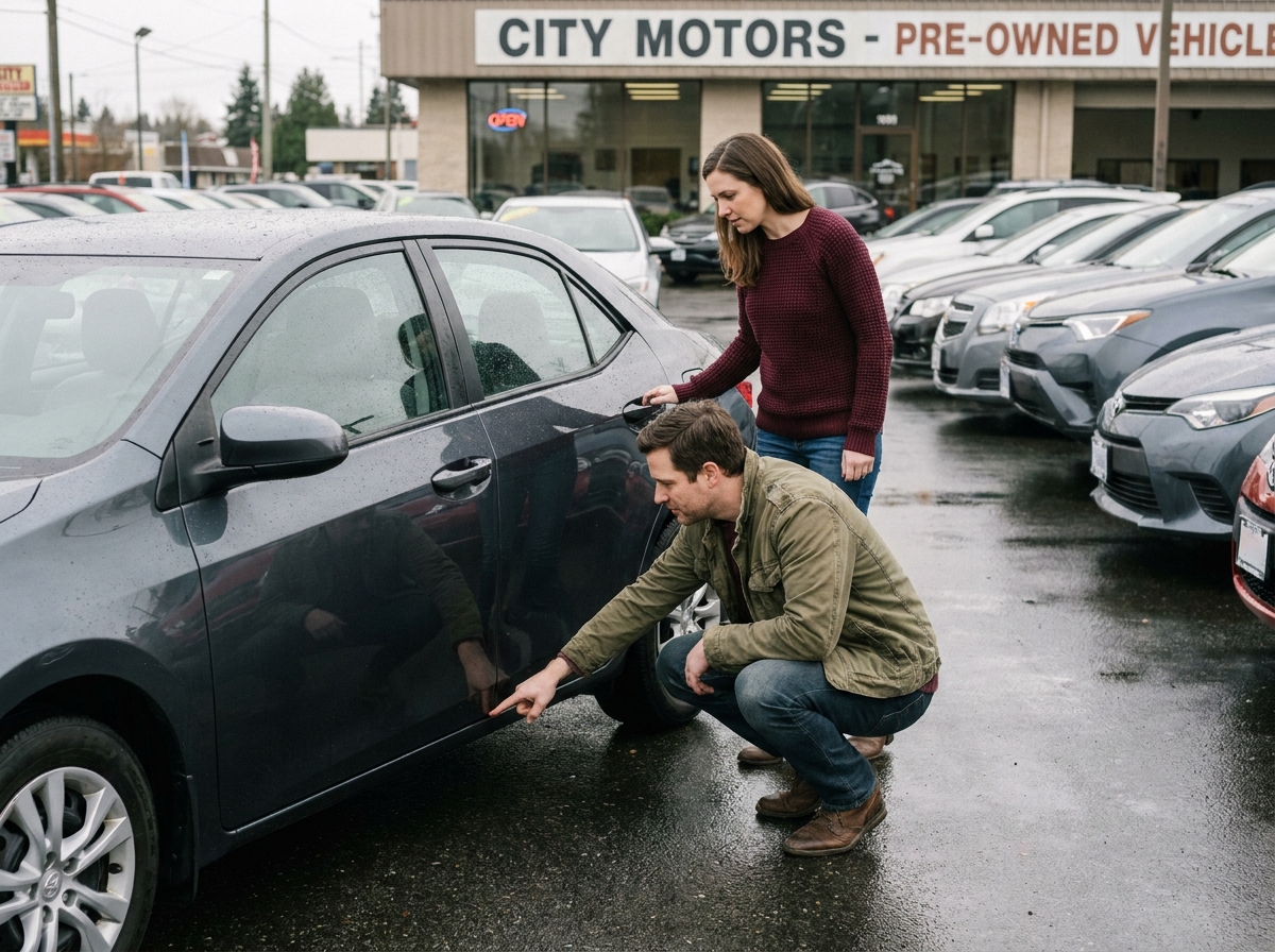 Un couple inspectant une voiture d'occasion sur le parking extérieur d'une concession automobile