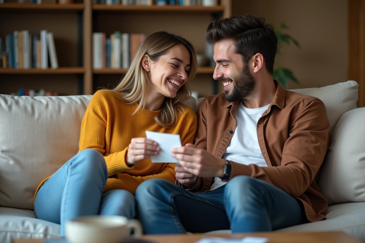 Couple partageant un moment complice en lisant un petit mot d'amour sur le canapé du salon