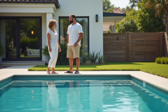 Couple d'adultes discutant près d'une piscine moderne dans un jardin