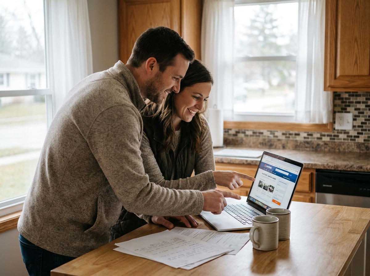Couple étudiant ensemble des offres de leasing de voiture d'occasion sur ordinateur portable à la table de la cuisine