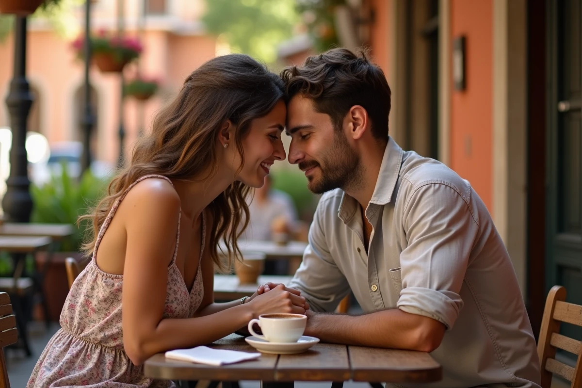 Couple hispanique partageant un moment romantique dans un café espagnol avec une note manuscrite sur la table