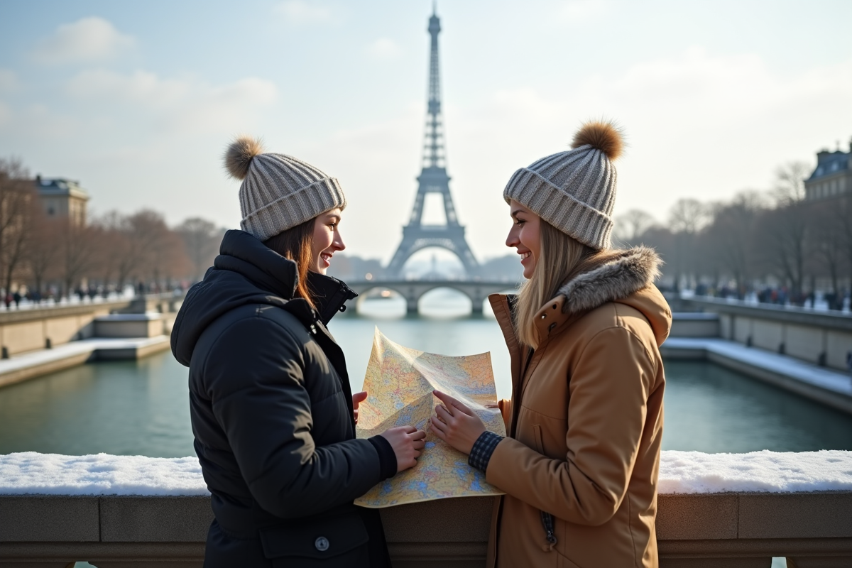 Jeune couple regardant la Seine avec la Tour Eiffel en arrière-plan