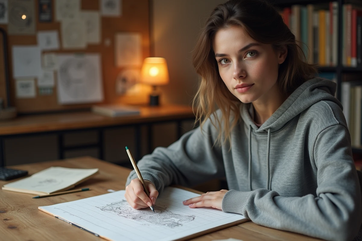 Jeune femme dessinant des croquis de personnages sur papier quadrillé avec des références pixel art épinglées au mur dans un atelier créatif
