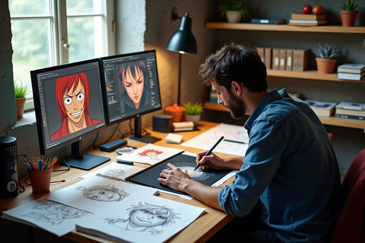 Designer graphique adulte créant des fan arts de Mr. 2 Bon Clay de One Piece dans un studio créatif avec tablette graphique et références manga
