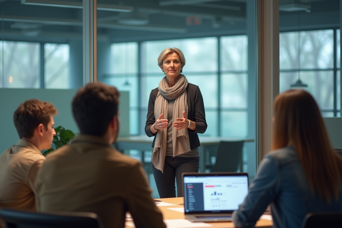 Designer présentant un mockup numérique à une équipe en réunion