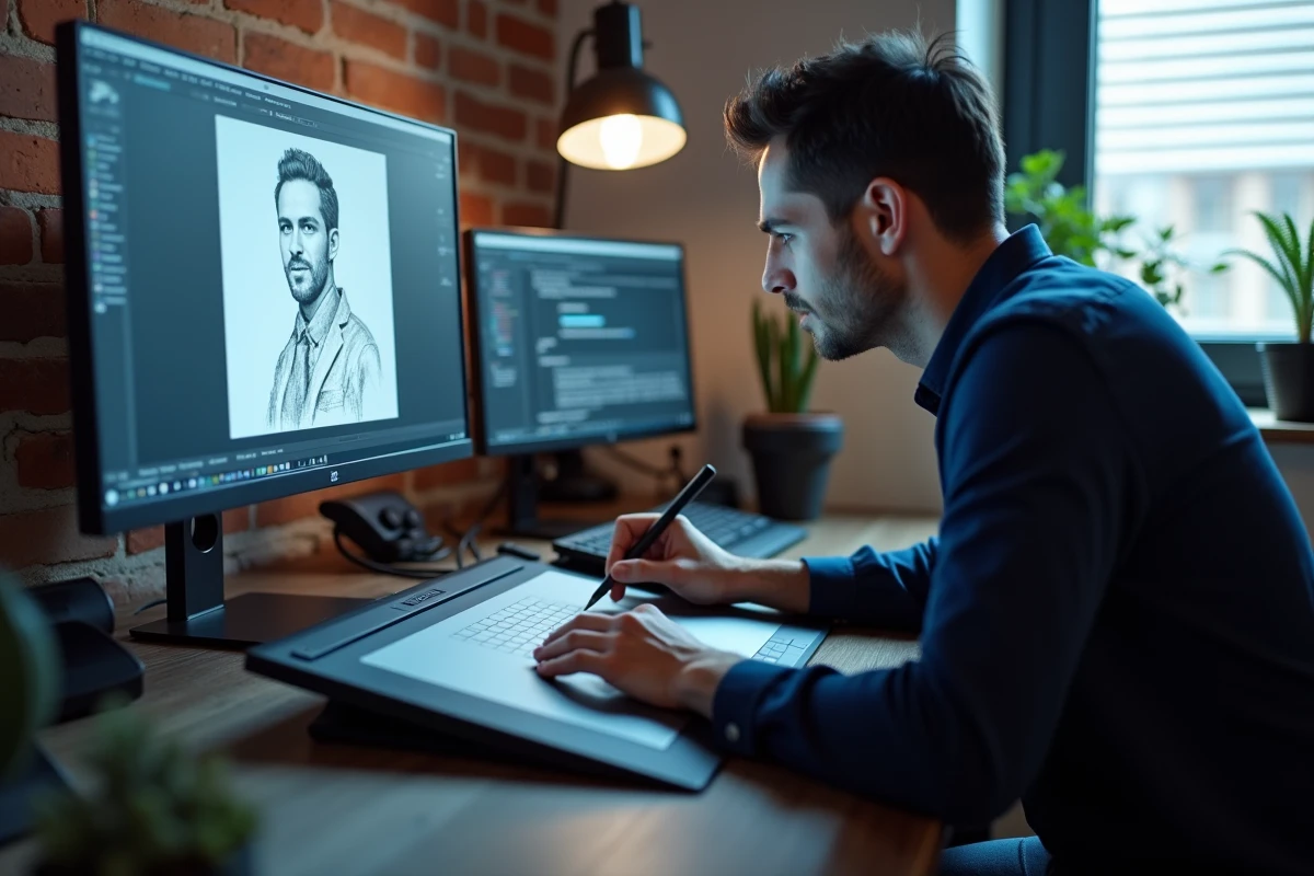 Designer graphique convertissant un dessin en pixel art sur tablette graphique dans un bureau à domicile moderne avec logiciel de création