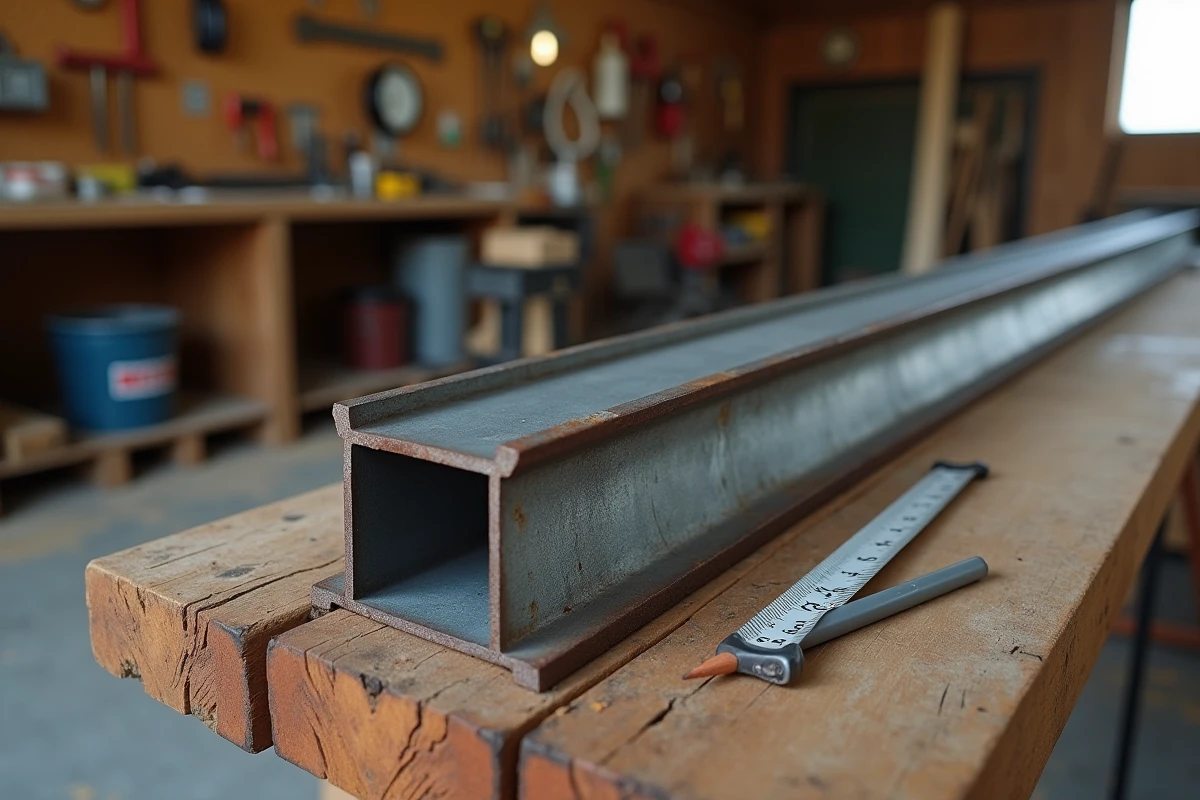 Profil acier en U avec traces de rouille et mètre ruban sur établi de garage pour vérification avant pose de terrasse