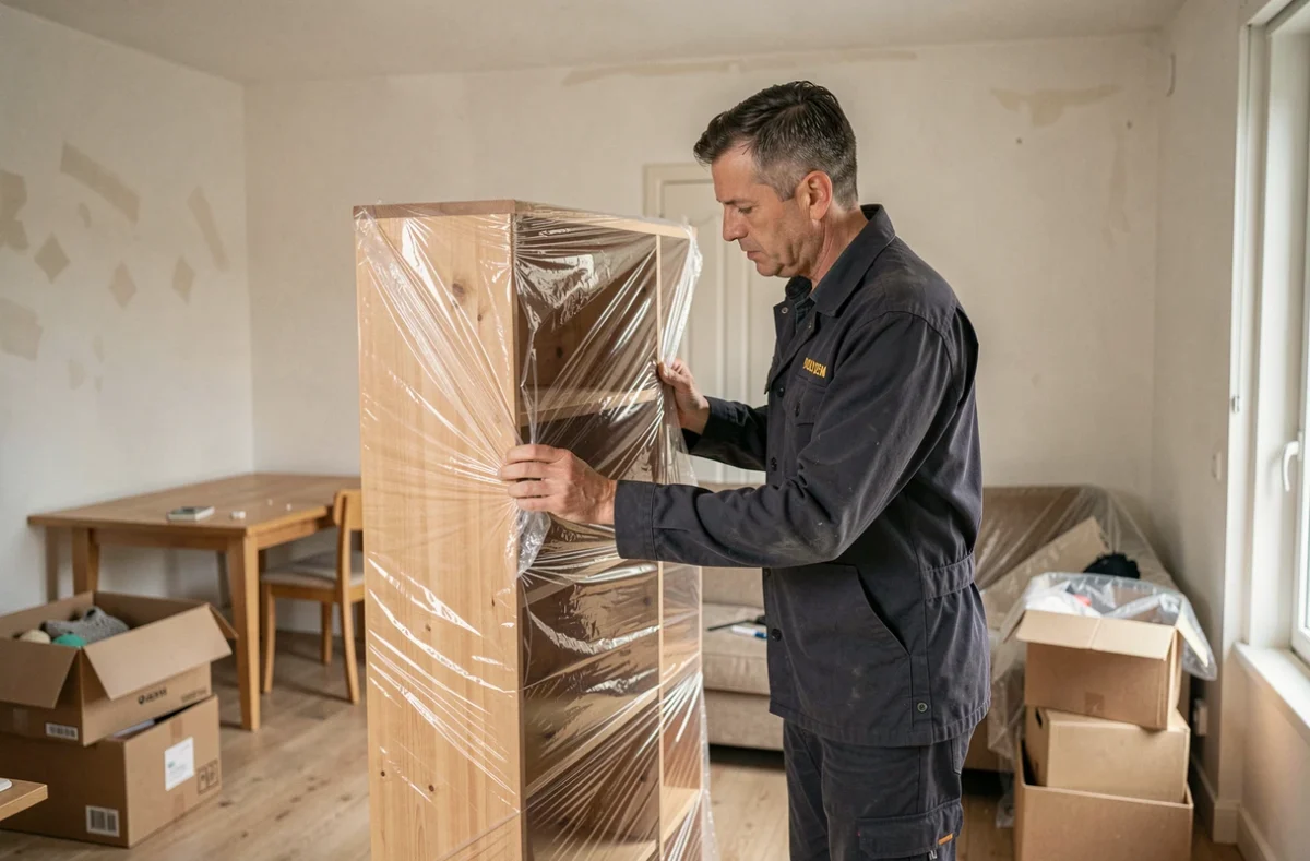 Déménageur DOLYDEM emballant une bibliothèque en bois avec du film protecteur dans un appartement