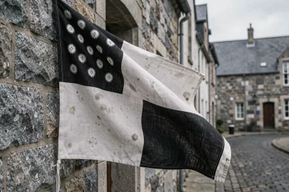 Drapeau breton aux hermines affiché sur un mur en granit dans un village côtier de Bretagne