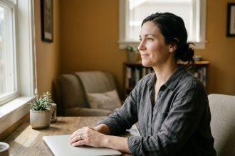 Femme en télétravail qui ferme son ordinateur portable pour se déconnecter du travail à domicile