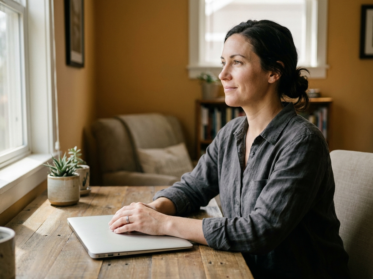 Femme en télétravail qui ferme son ordinateur portable pour se déconnecter du travail à domicile