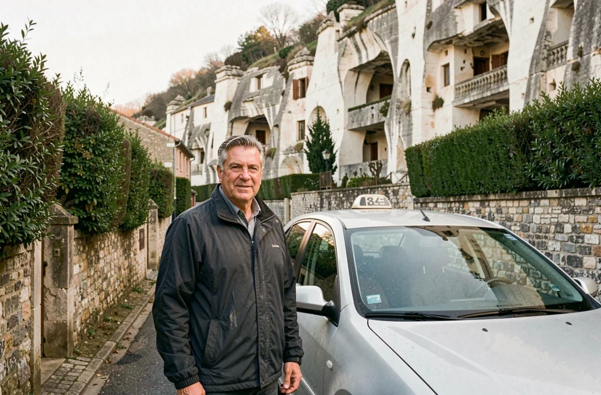 Chauffeur de Eirl Deniau Taxi devant les habitations troglodytes caractéristiques d'Amboise