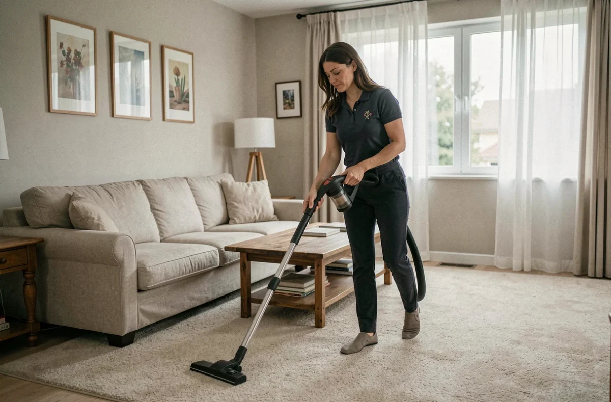 Employée de maison passant l'aspirateur dans un salon lumineux et spacieux