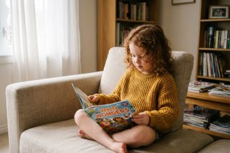 Jeune fille lisant un magazine jeunesse illustré sur un canapé en lin, exprimant la curiosité et l'émerveillement