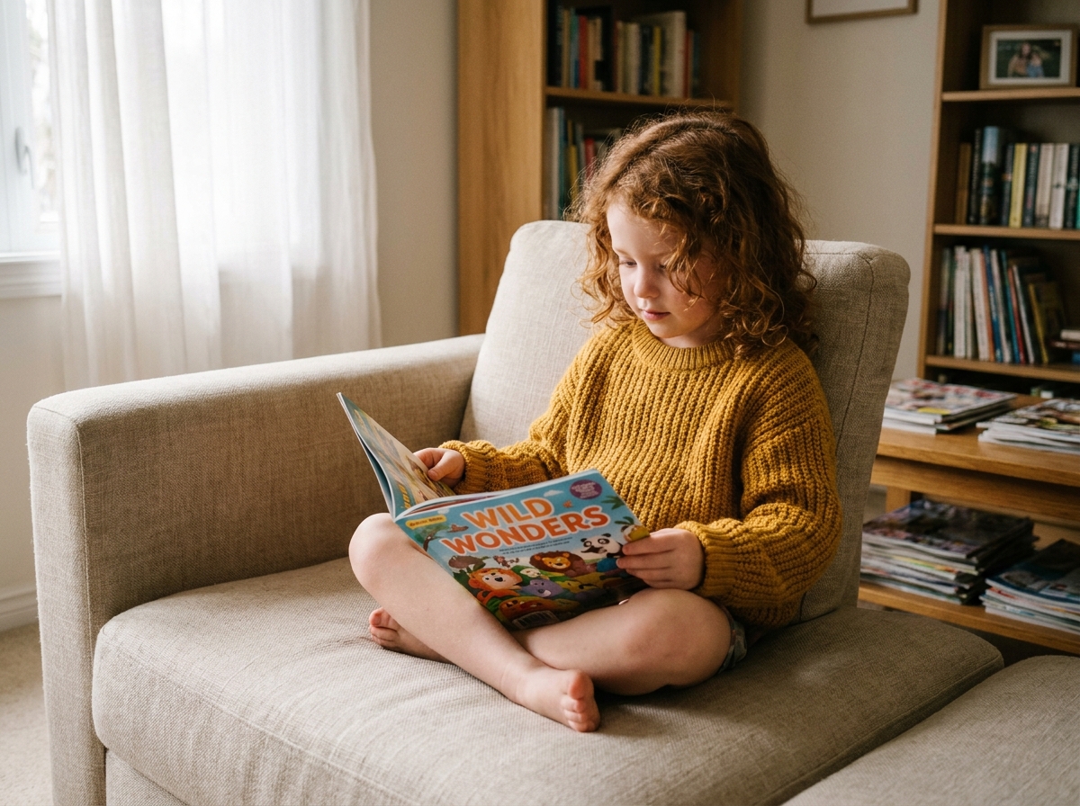 Jeune fille lisant un magazine jeunesse illustré sur un canapé en lin, exprimant la curiosité et l'émerveillement