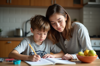 Jeune garçon et mère en cuisine avec cahier et crayons