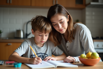 Jeune garçon et mère en cuisine avec cahier et crayons