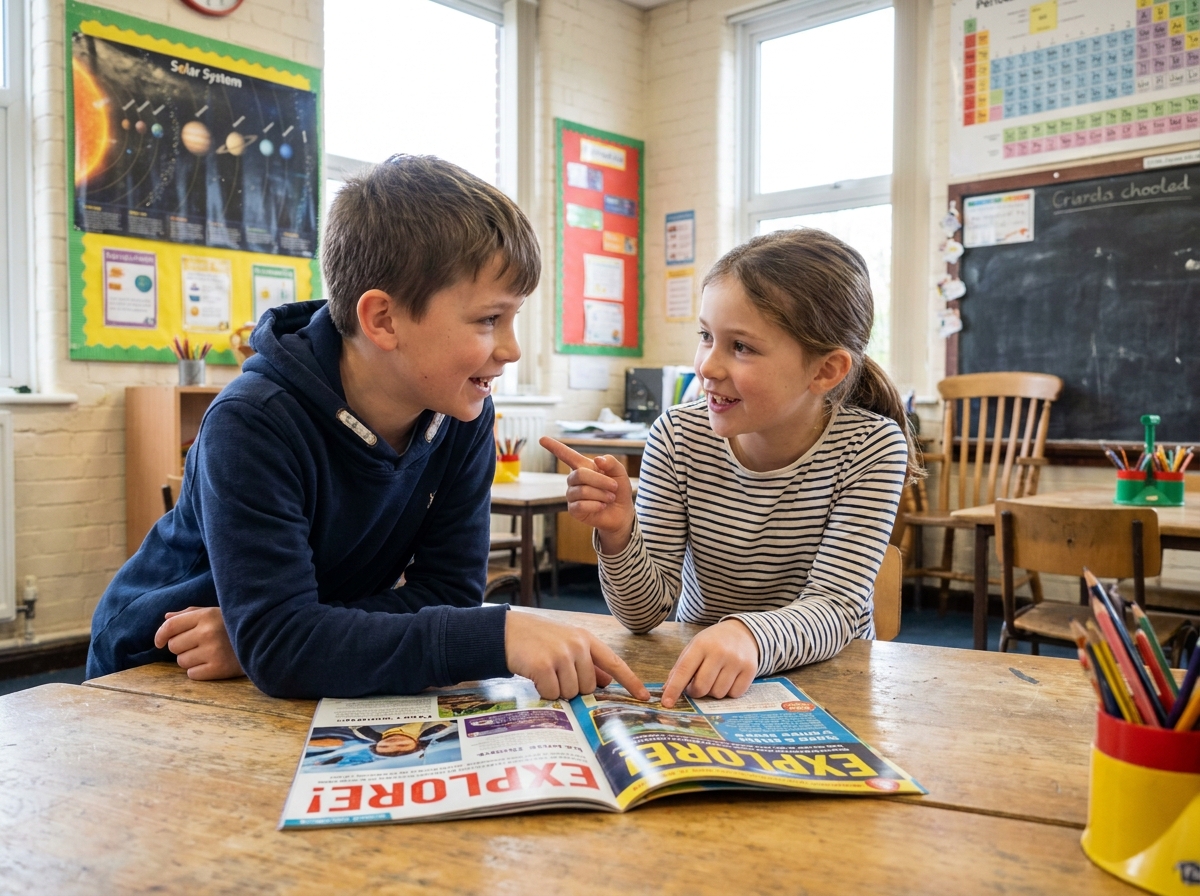 Deux enfants en classe discutant ensemble d'un magazine éducatif de sciences, scène de curiosité scolaire
