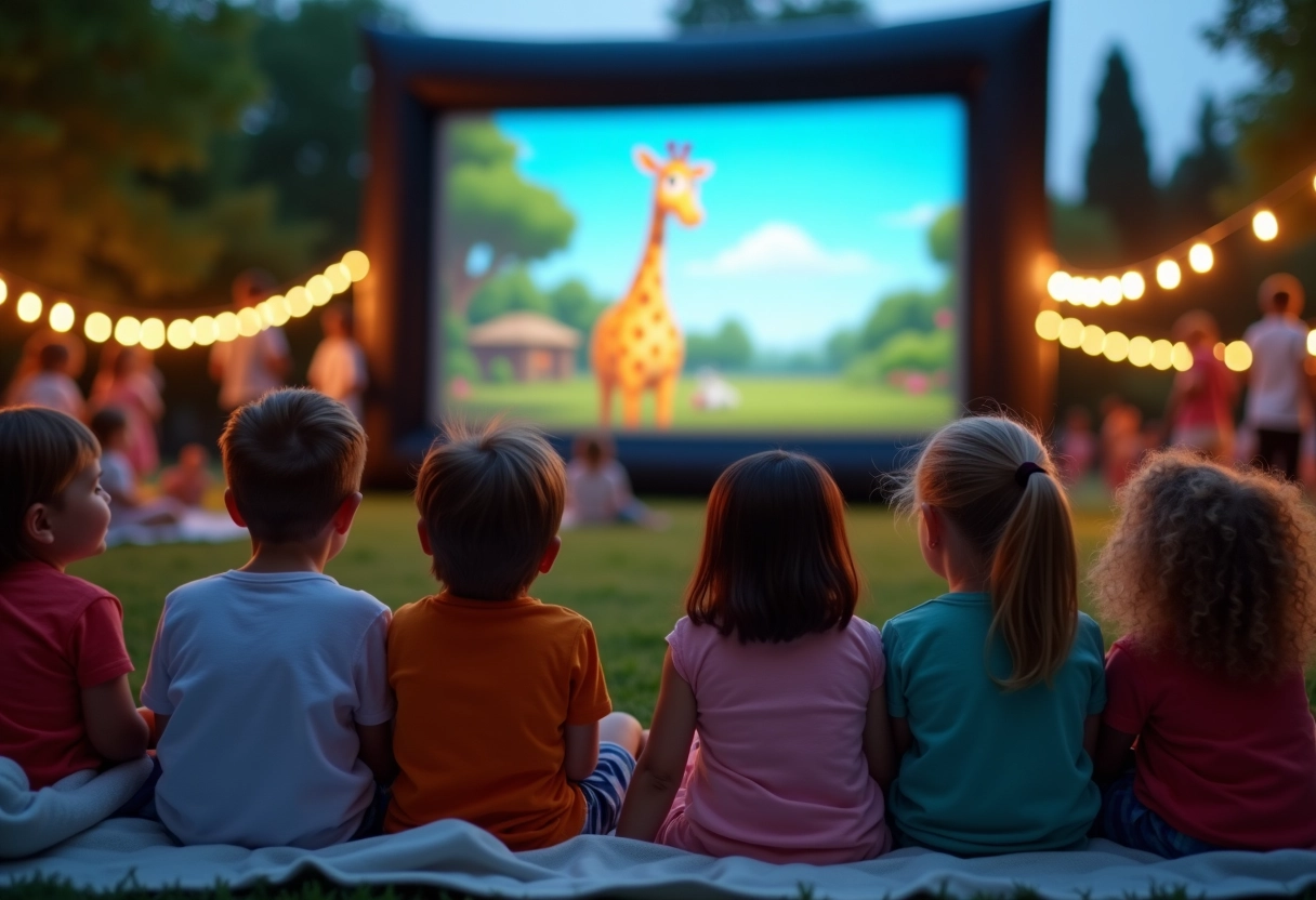 Enfants regardant un film avec une girafe animée sur grand écran