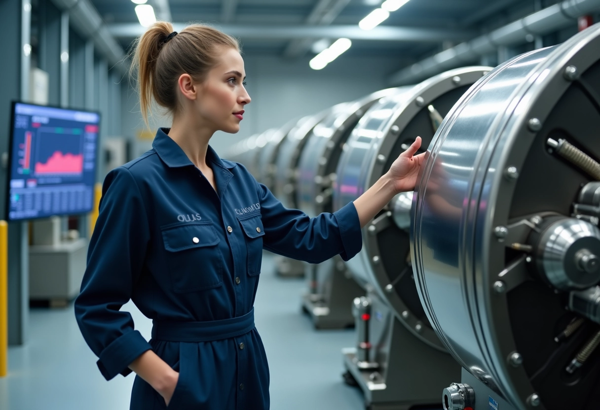 Ingénieure devant une installation de moteur quantique industrielle