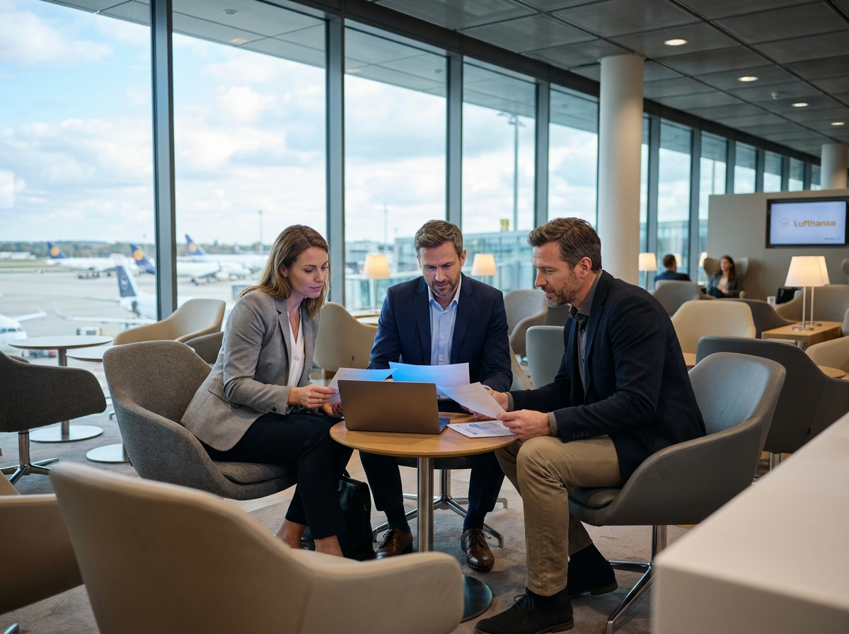 Équipe commerciale en réunion informelle dans un salon d'aéroport européen avant un déplacement