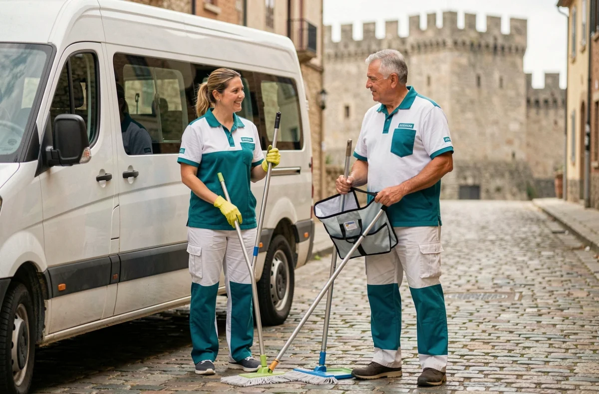 Équipe de service de ménage à domicile devant leur véhicule avec les remparts de Carcassonne en arrière-plan