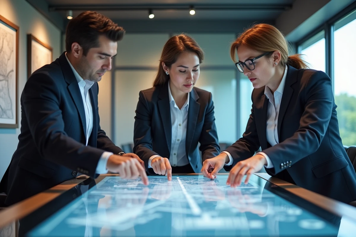 Équipe de planification urbaine étudiant un projet de franchassis sur écran numérique en salle de réunion