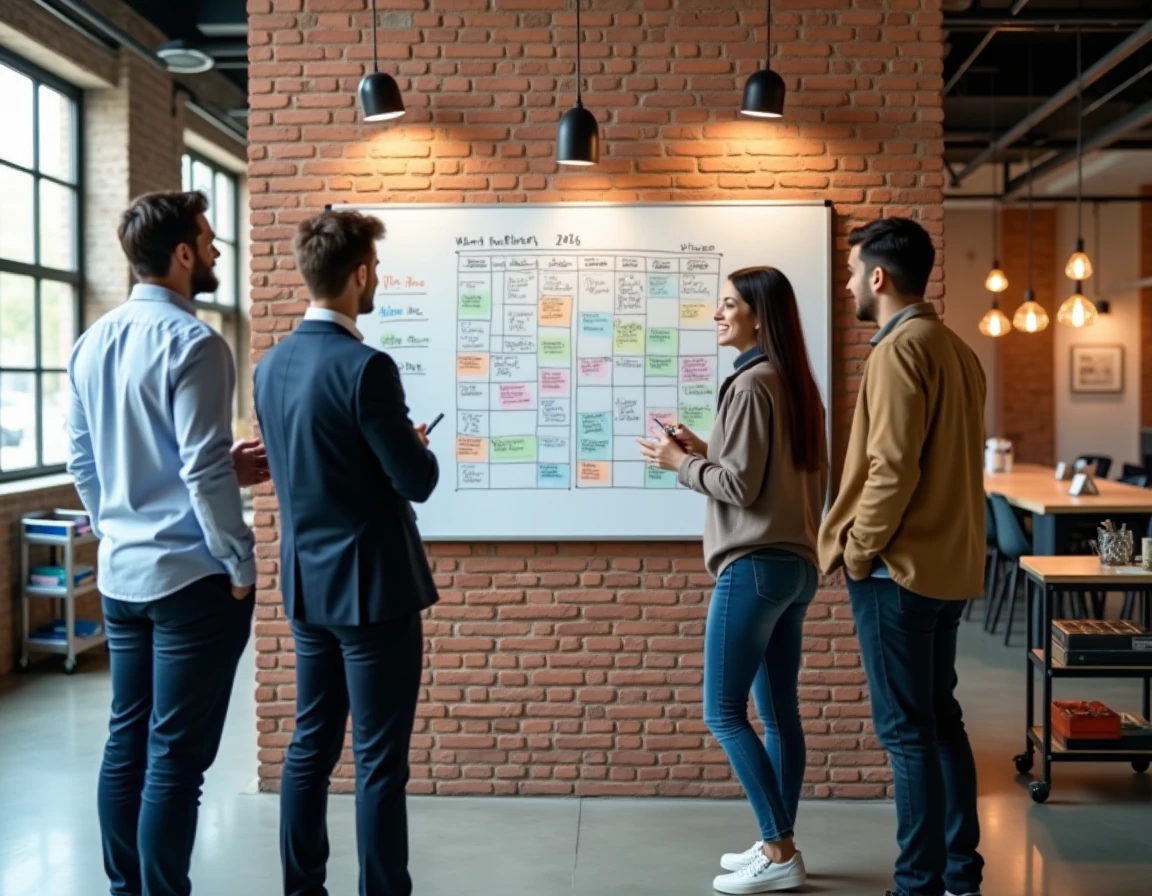 Équipe de quatre collaborateurs debout devant un tableau blanc avec un calendrier trimestriel 2026 manuscrit et des jalons de projets colorés