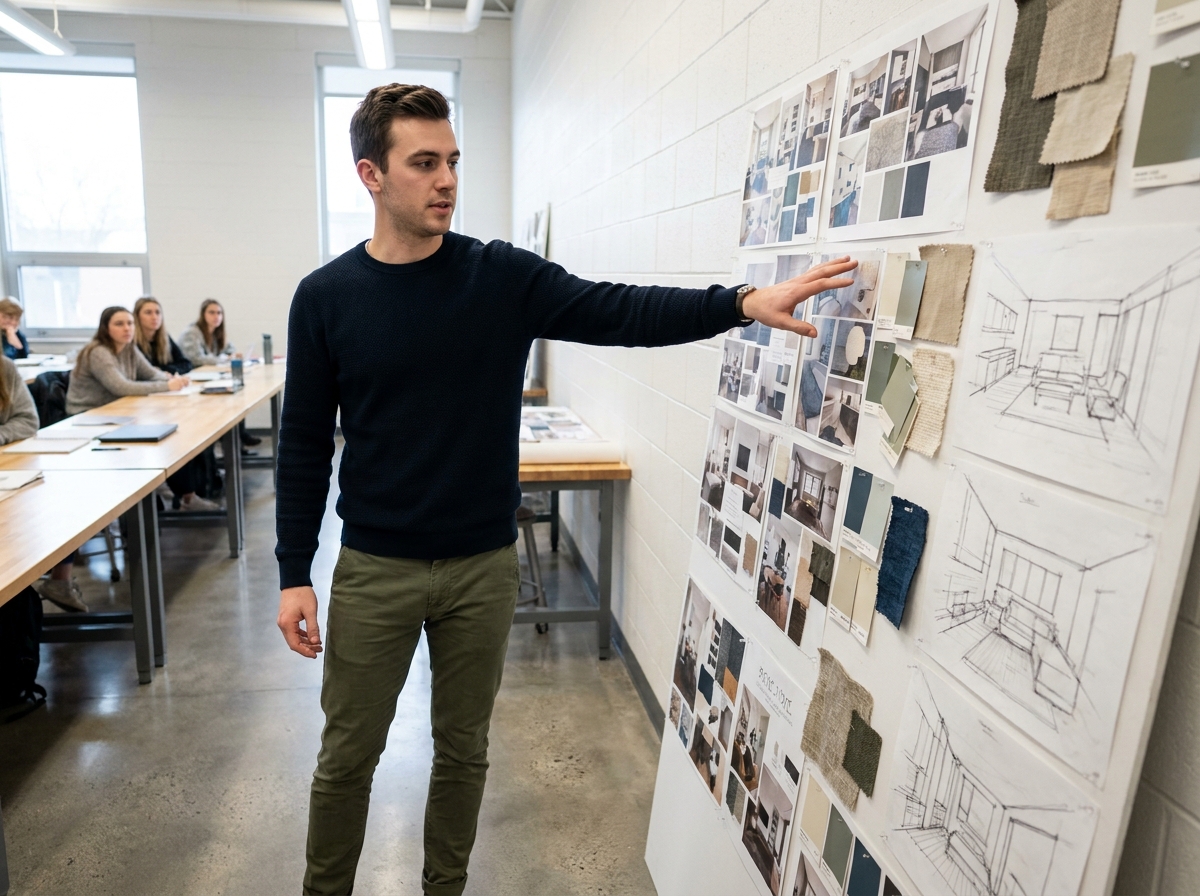Étudiant en design d'intérieur présentant un moodboard lors d'une critique dans une école de design