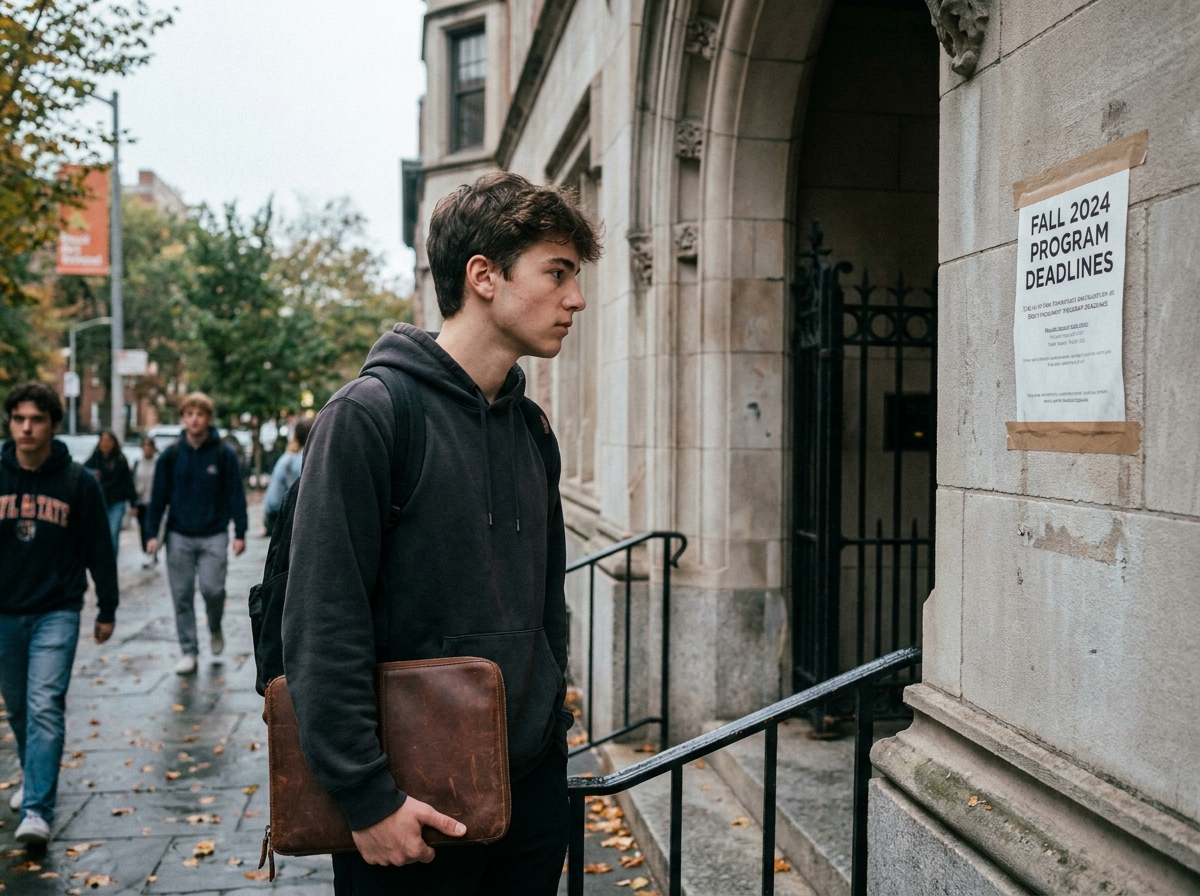 Jeune étudiant lisant les programmes affichés à l'entrée d'une école des beaux-arts