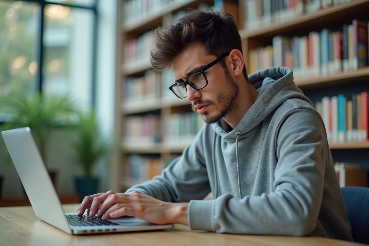 Étudiant anxieux travaillant sur son ordinateur dans une bibliothèque