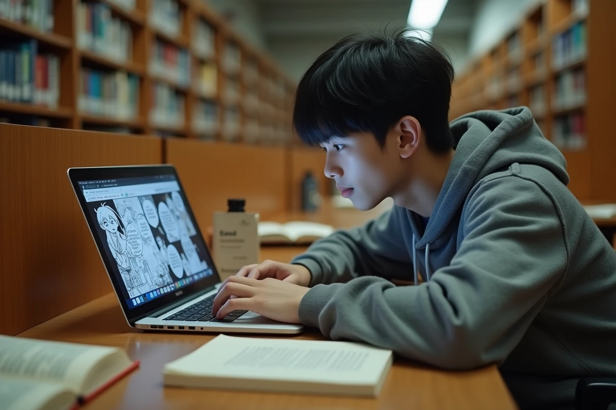 Étudiant lisant un scan manga vostfr de qualité sur ordinateur portable dans une bibliothèque universitaire
