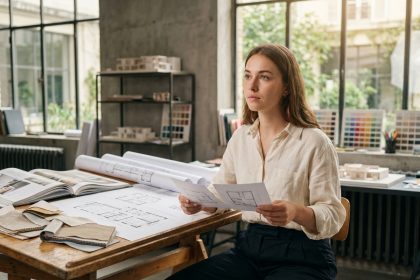 Étudiante en architecture d'intérieur comparant des plans et des échantillons de matériaux dans un studio universitaire